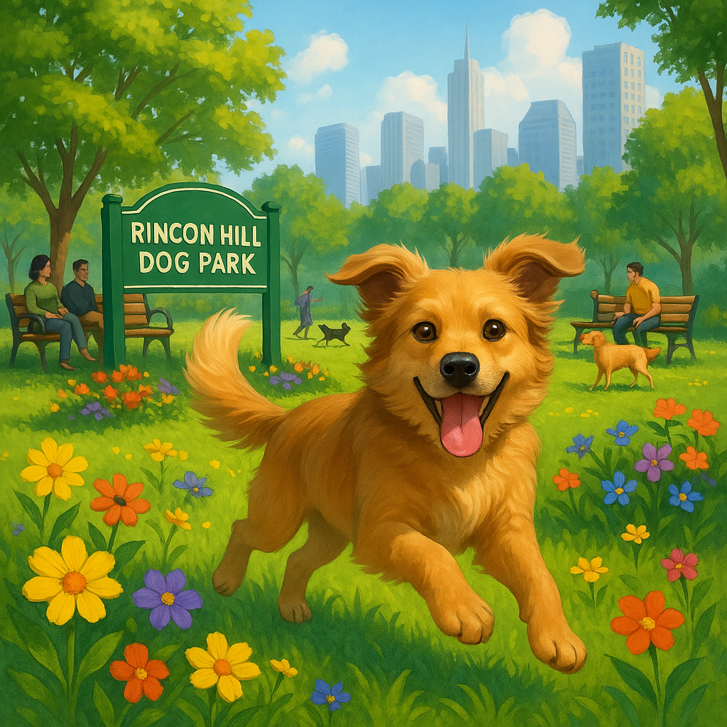 Happy dog running through a flower-filled park at Rincon Hill Dog Park in San Francisco on a sunny spring day, with people and dogs in the background.