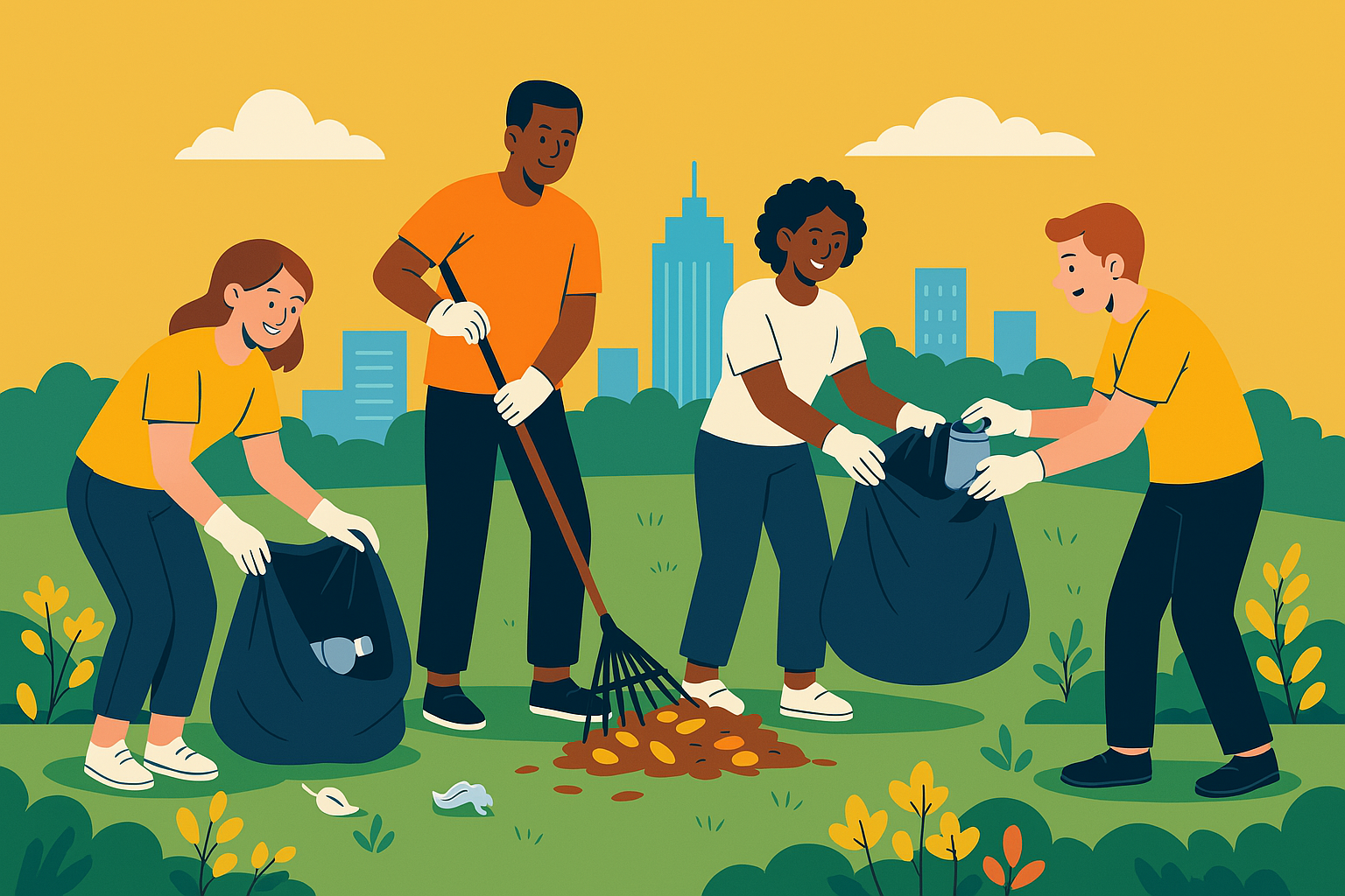 Community building clean up Illustration of four volunteers cleaning a city park, collecting trash and raking leaves with greenery and a skyline in the background on a sunny day.
