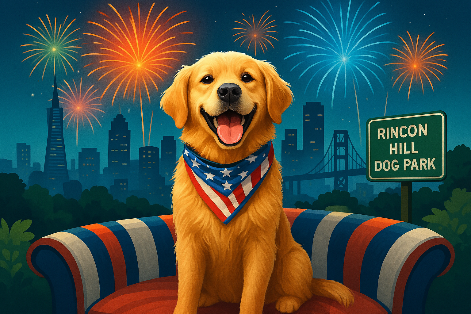 Golden retriever wearing a patriotic bandana sits on a red, white, and blue bench at Rincon Hill Dog Park during a 4th of July fireworks display, with the San Francisco skyline and Bay Bridge in the background.