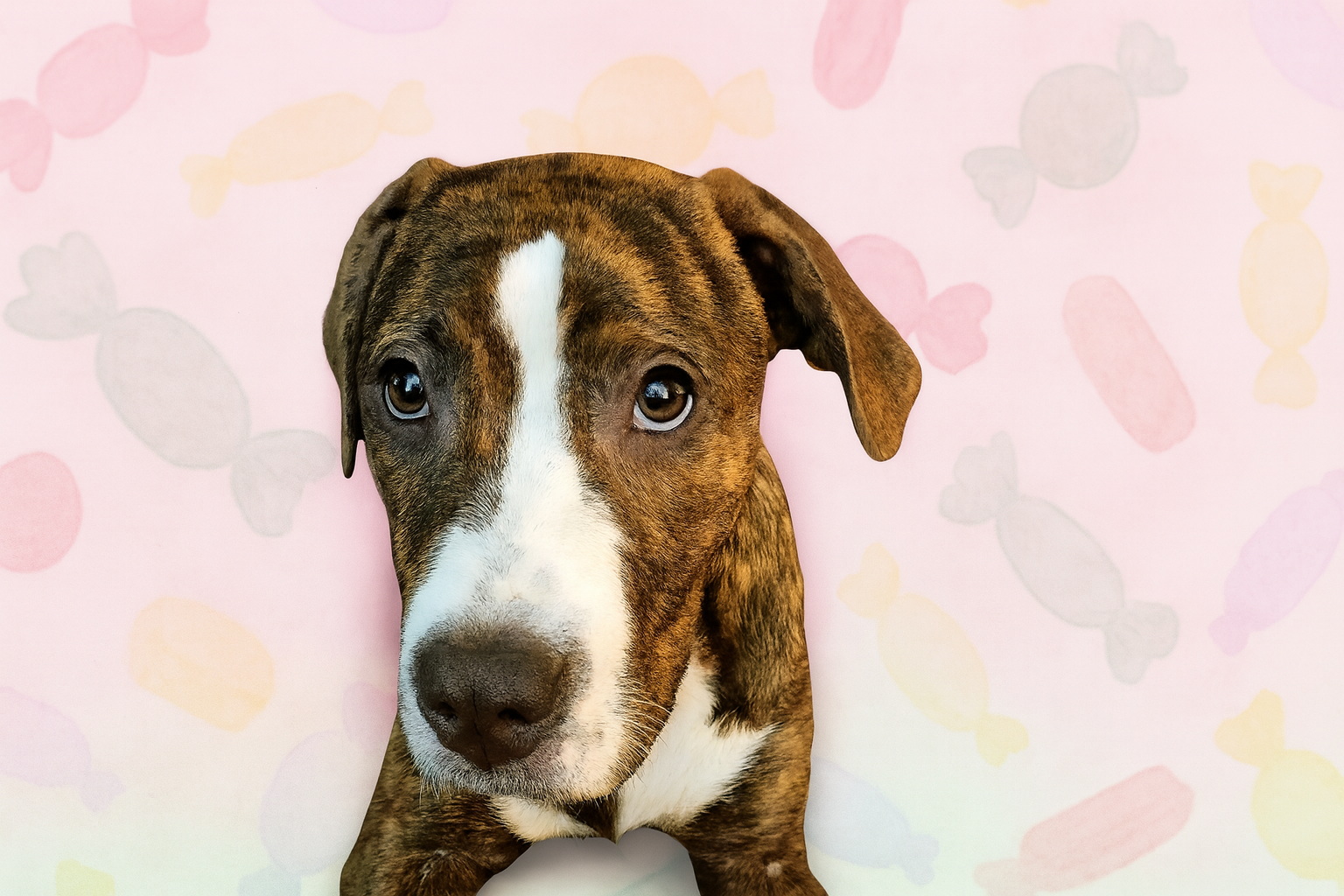 Cara Melly – Pastel Candy Portrait Cara Melly, a brindle dog with a white stripe on her face, looking up sweetly in front of a soft pink pastel candy background.